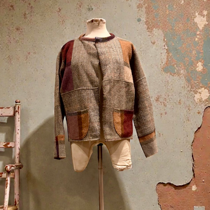 Chiara, reworked vintage Irish wool patchwork jacket