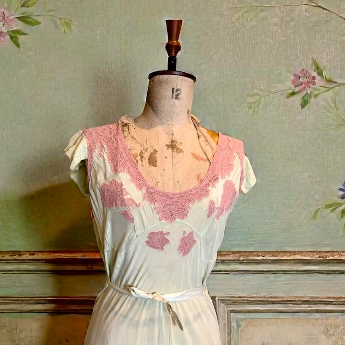 Apoline, 30s bias cut mint green and pink lace silk slip dress