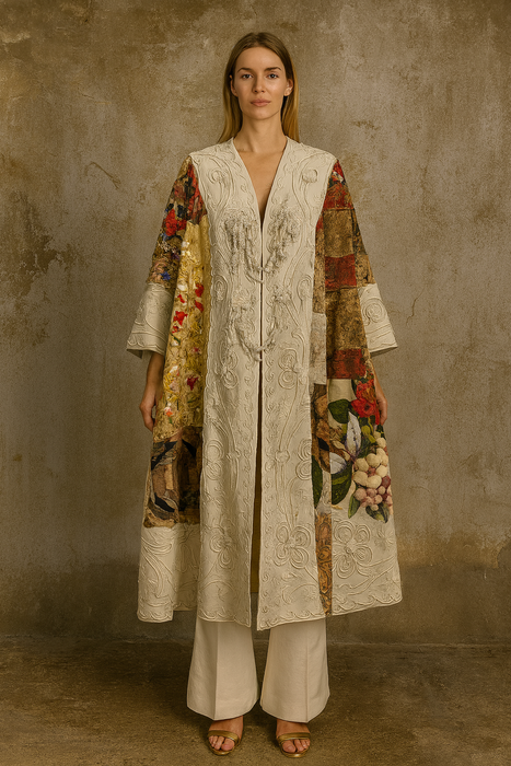 Traina, reworked Museum worthy Victorian, patchwork coat with original gold buttons