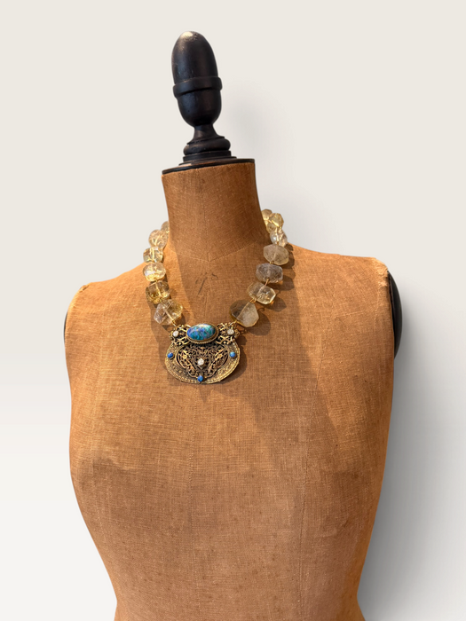 Jasmir, reworked lemon Quartz raw cut gems set with a  Victorian gold plated pendant