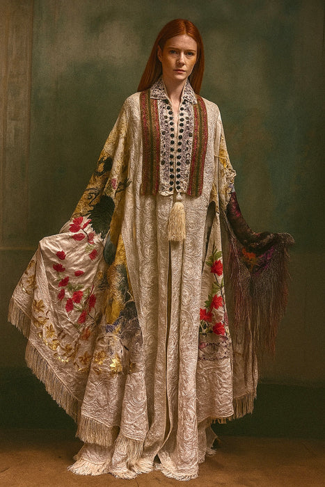 Donna, Reworked 40s Kashmiri embroidered patchwork fringed cape
