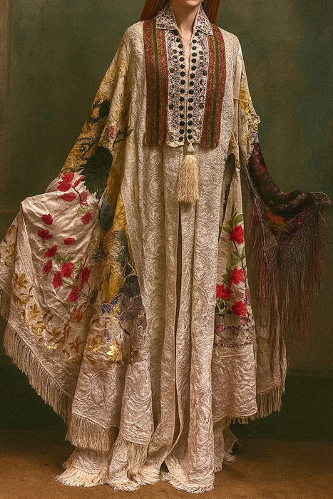 Donna, Reworked 40s Kashmiri embroidered patchwork fringed cape