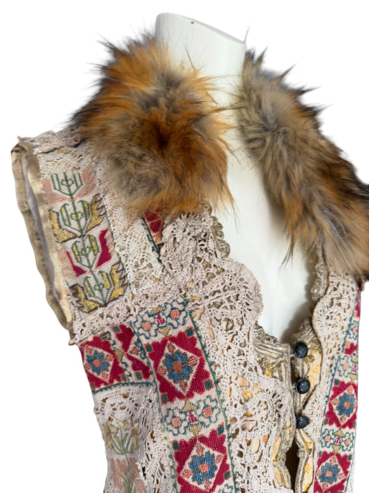 Chiara, 19th C Greek hand woven embroidered waistcoat with a faux fur collar and beaded side pocket