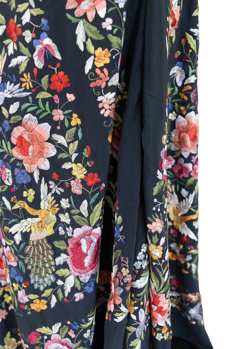 Avens, 40s reworked floral embroidered fringed scarf dress