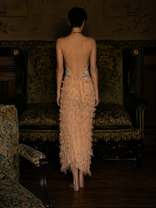 Kali, reworked embroidered piano shawl dress with brass choker and 20s sheered metallic skirt