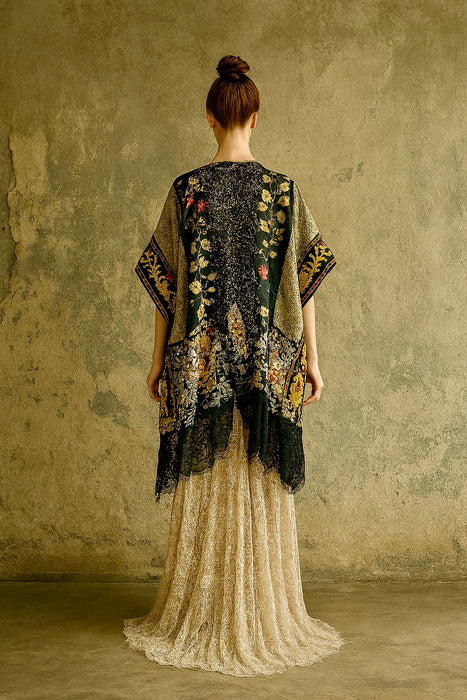 Bonnie, reworked gold brocade cape with Edwardian and beaded trims