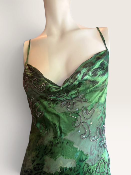 Lola, 90s beaded bias cut asymmetrical animal print dress