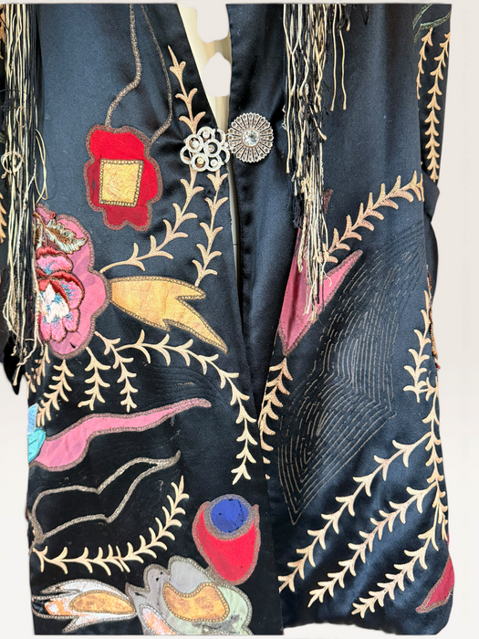 Arca, reworked Art Deco silk embroidered coat with fringing