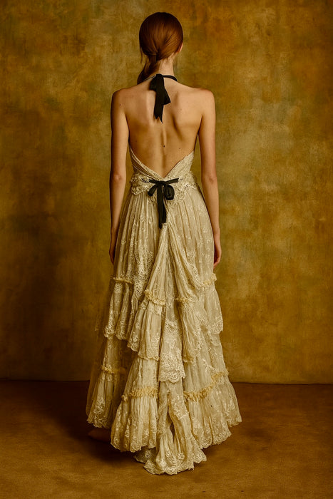Saturne, reworked Victorian and 1920s organza ruffle halterneck dress