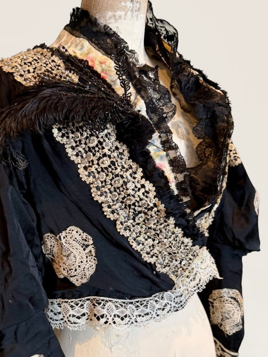 Kiki, Victorian black silk jacket with mutton sleeves, embellished with beaded lace