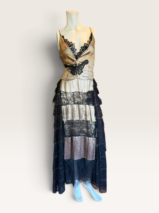 Fay, reworked 1930s gold and black lace tiered dress