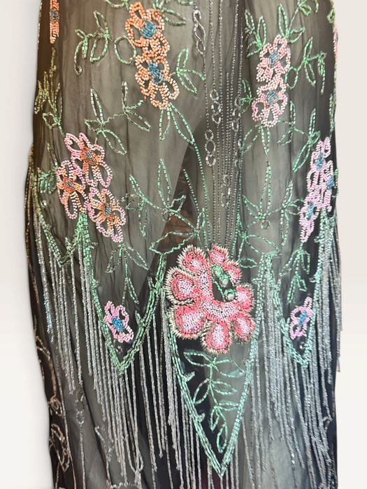 Dana, reworked 1920s black beaded floral fringed silk chiffon scalloped dress