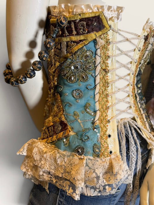 Papal, Edwardian ecclesiastical embroidered corset with lace and antique shoulder beads