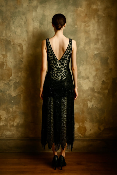 Ora, 20s black beaded net sheer dress