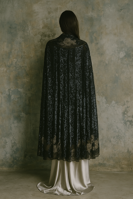 Tilly, original 20s black sequins long cape with beaded florals