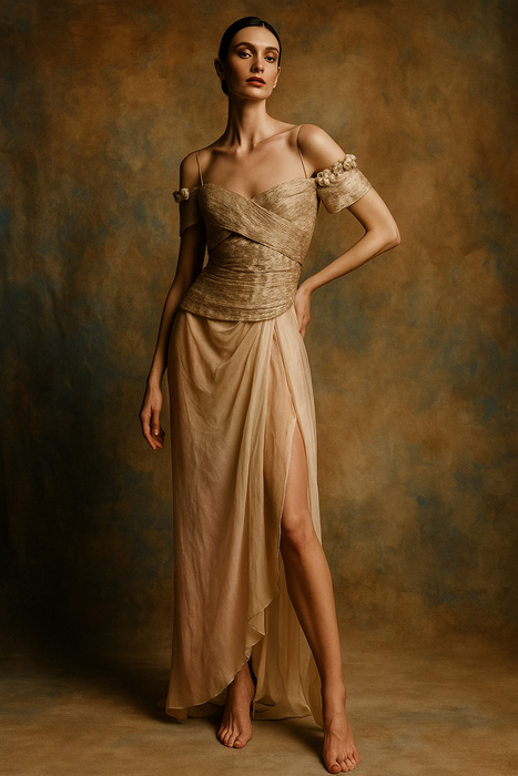 Zandra Rhodes, 70s gold lamé and chiffon draped dress with petal ombré skirt