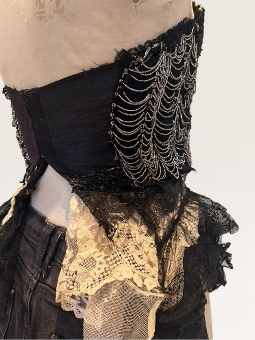 Aurora, repurposed 1940s lace corset with 20s beading and French chantilly lace