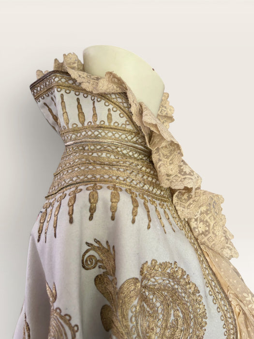 Shay, Ottoman cream and gold embroidered cape with cream lace ruffle collar