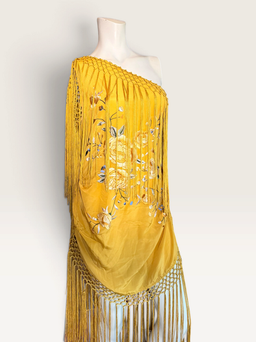 Magnolia, vintage floral silk embroidered piano shawl fringed, draped dress