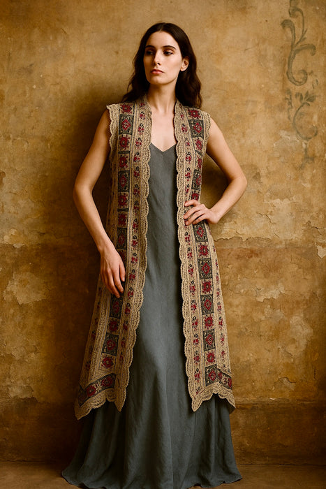 Talia, reworked 20s Greek needlepoint and Edwardian beaded appliqué