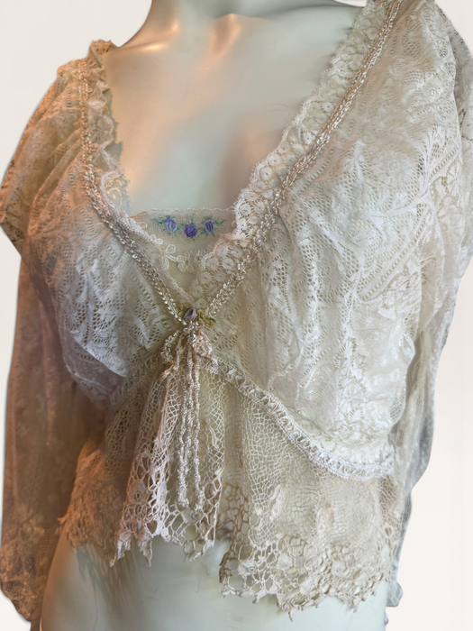 Medina, reworked 30s long sleeved French lace blouse with ribbon florals