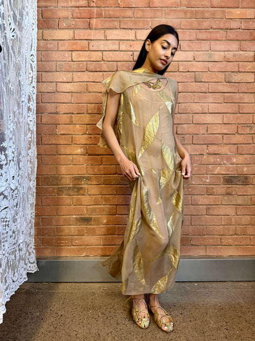 Molly, 20s silk chiffon dress with gold leaf print