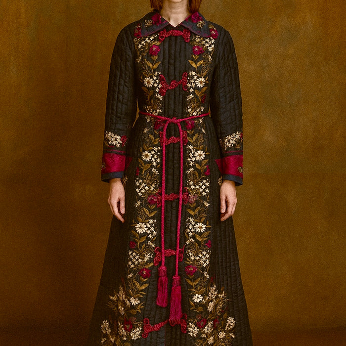 Tara, Victorian silk embroidered floral quilted long coat