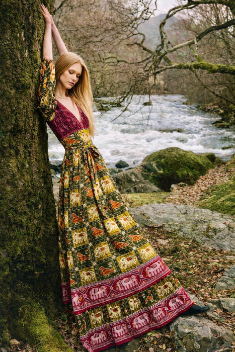 Thea Porter, Couture 70s silk print angel sleeve tiered dress