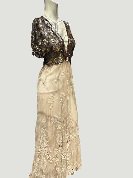 Daisy, 20s black and gold floral sequins and Victorian ecru lace dress