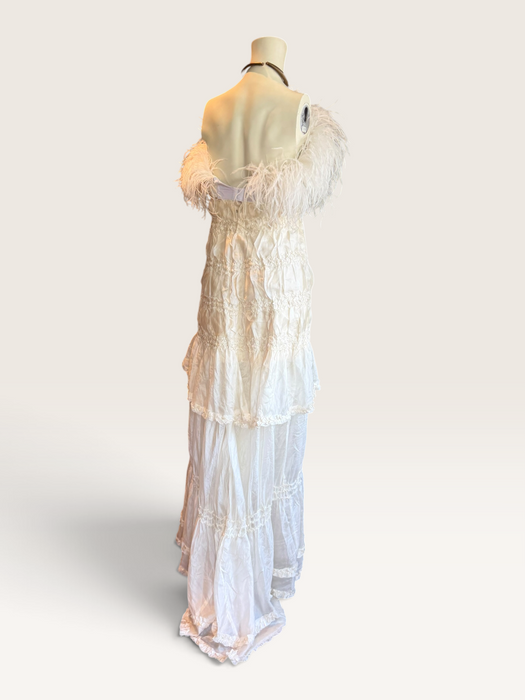 Bodie, vintage white ostrich feather and Victorian silk ruffle skirt
