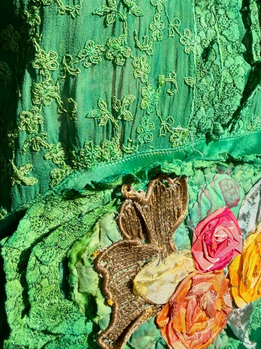 Bora, 1930s emerald green hand dyed silk bias cut dress with lace inserts and Victorian ribbon work florals