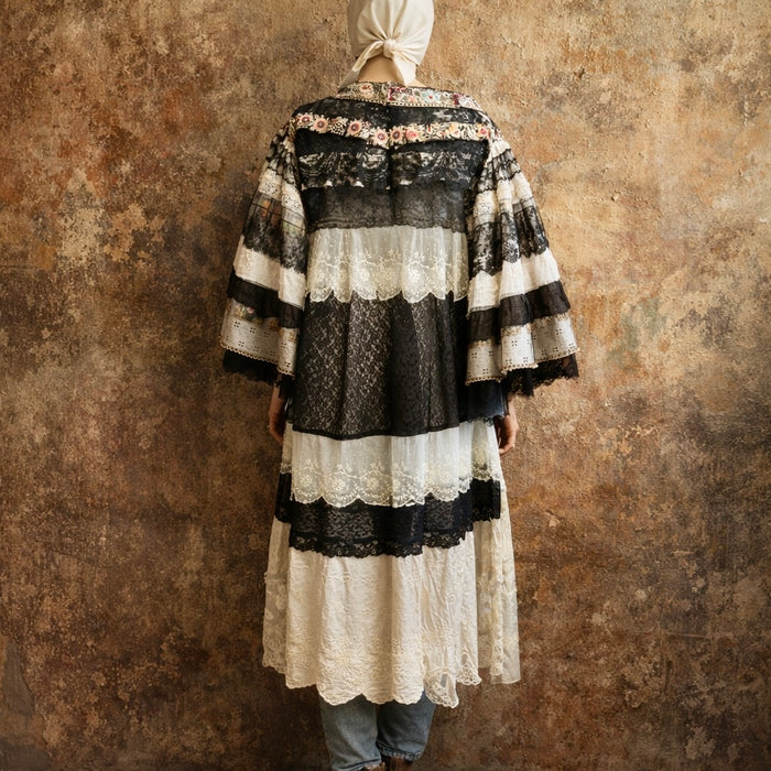 Moldova, reworked antique lace and embroidered ribbon coat