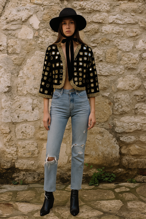 Lola, 70s bohemian black velvet mirrored jacket with gold thread