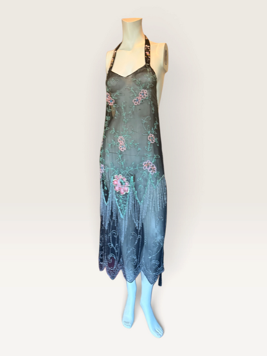 Dana, reworked 1920s black beaded floral fringed silk chiffon scalloped dress