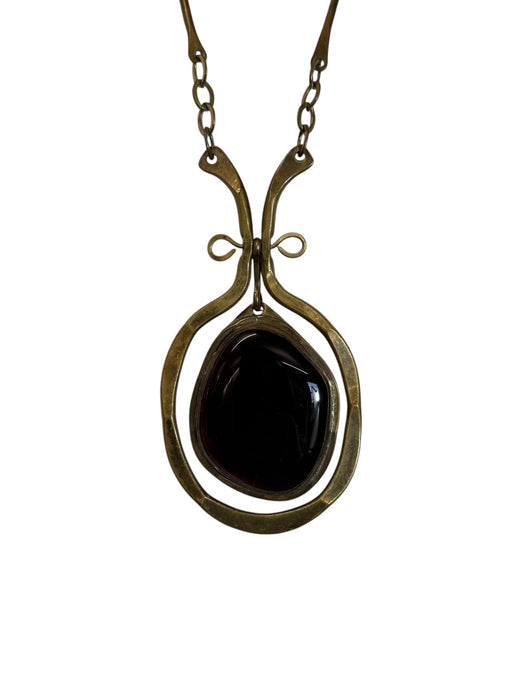 Felix, 70s modernist handmade brads chain and sculpted amber glass drop necklace