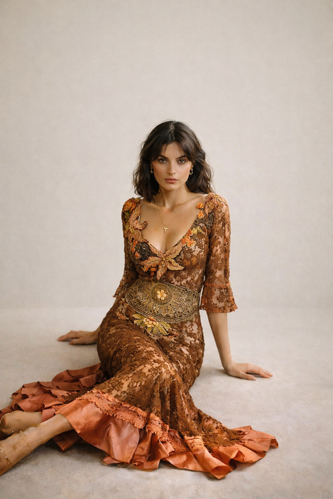 Arlo, 1930s burnt orange lace bias cut dress with Edwardian metallic embroidery and hand made silk florals