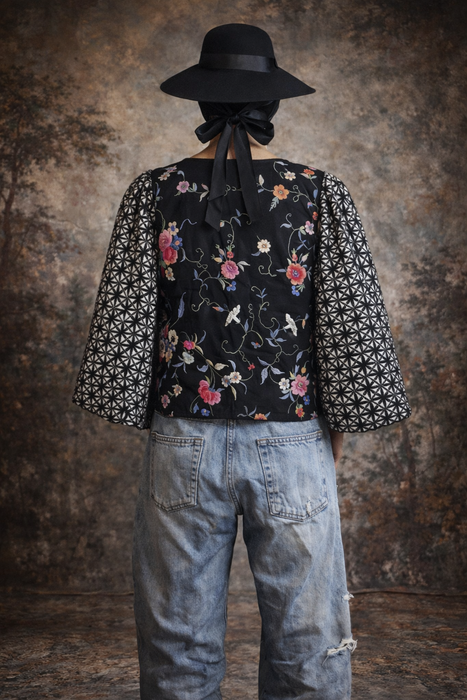 Jade, reworked vintage silk floral jacket with flare sleeves