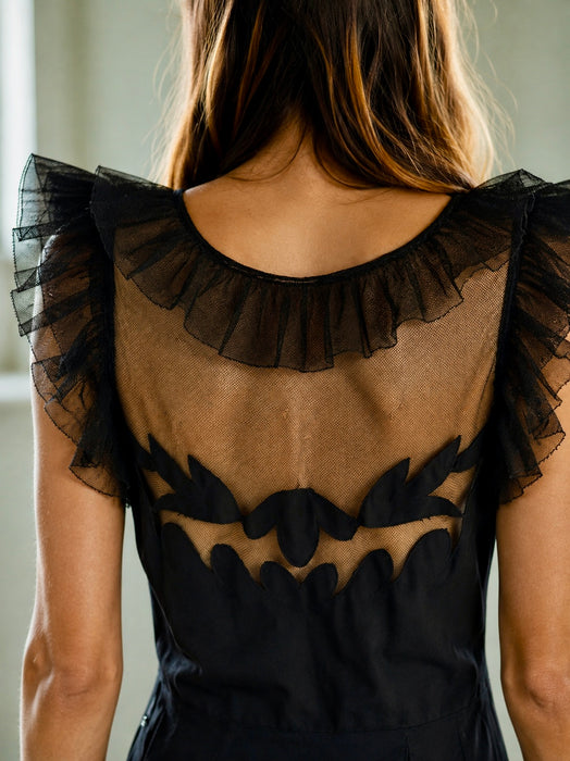 Oriel, 30s black net silk cut out frill dress
