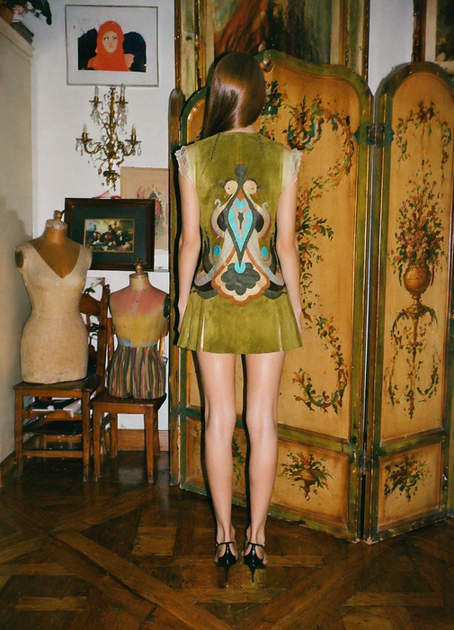 Basil, 70s olive green suede waistcoat with leather ties and handmade folk leather appliqué