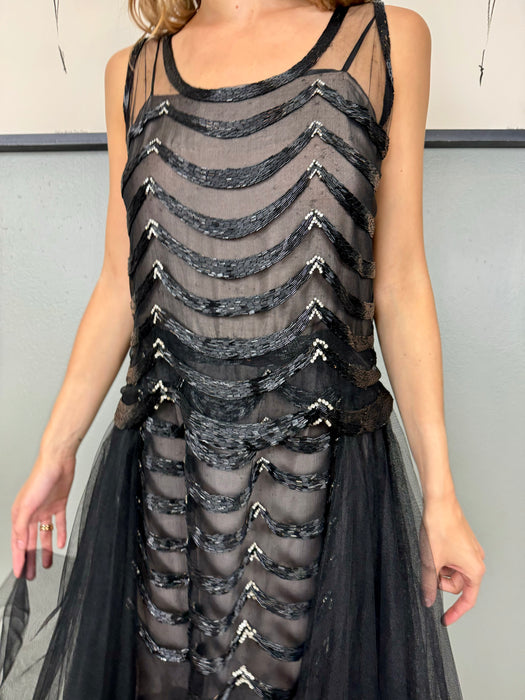 Jasmine, 30s black net and beaded dress