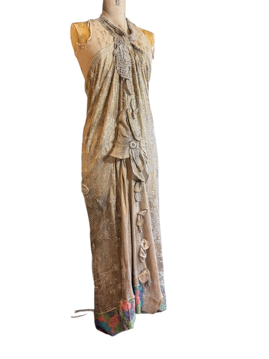 Rebecca, reworked 20s silver beaded lamé halter dress with floral motifs