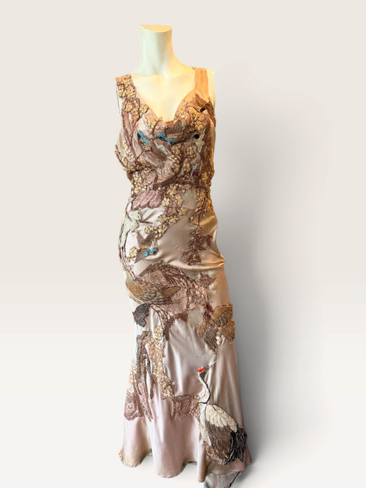 Daria, reworked antique pink bias cut silk and 1930s découpage gown