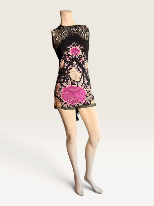 Cody, reworked 1940s black silk embroidered piano shall mini dress