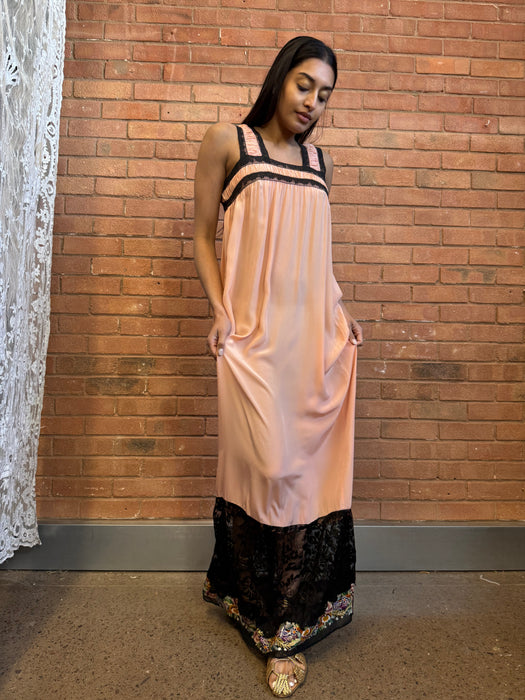 Shirah, 20s peach silk and black lace dress