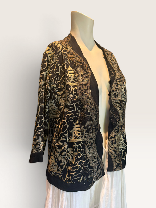Pagoda, 1930s Chinese embroidered silk jacket with metallic gold embroidery
