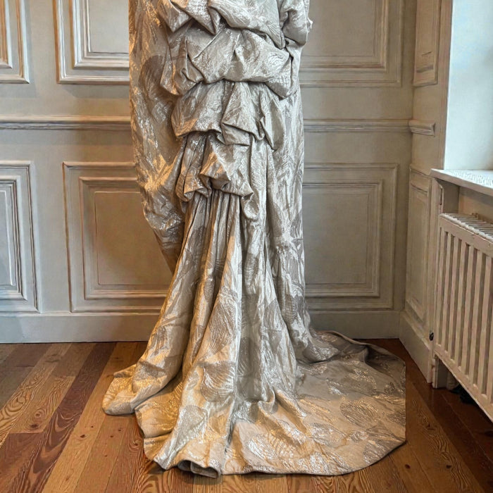 Monica, 20s silver floral lamé dress with bustle train