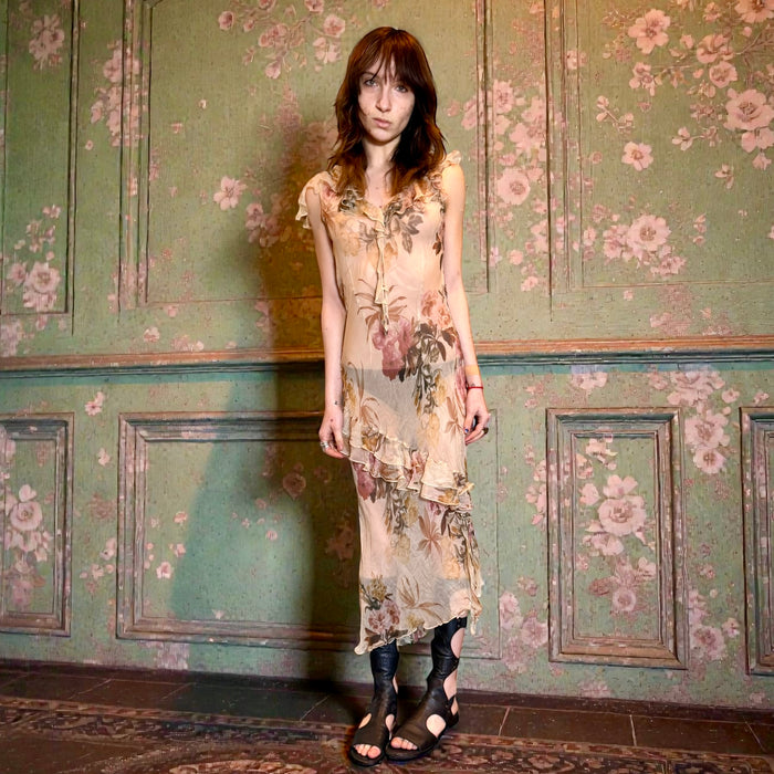 Doja, 90s chiffon bias cut floral frill dress