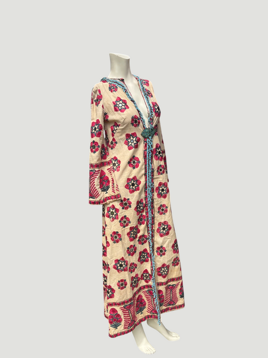 Chapan, early 19th C Uzbek chapan embroidered and beaded robe with couched Edwardian floral embroidery and turquoise buckle