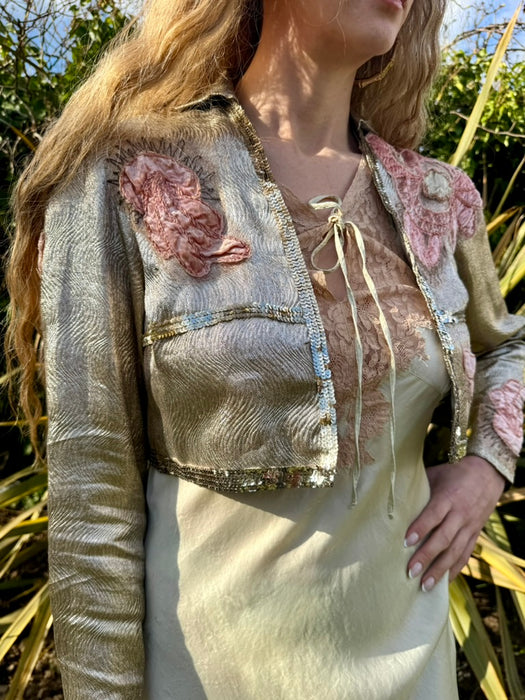 Cassius, 20s silver lamé jacket with pink velour appliqués