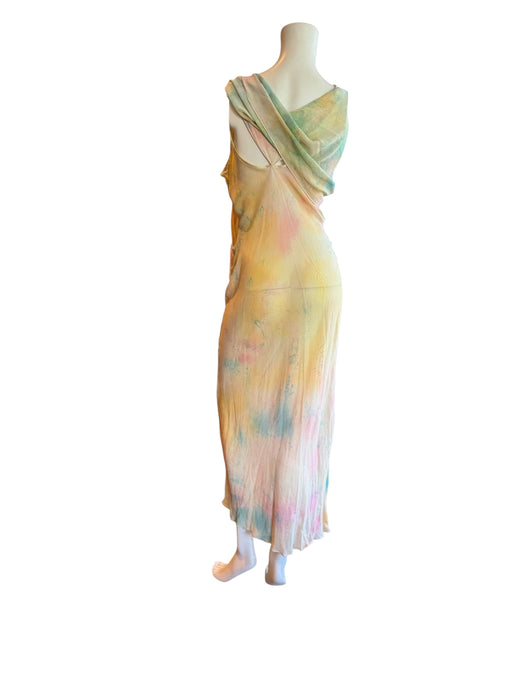 Aline, hand dyed 30s silk bias cut dress with attached belt/cape